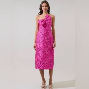 Sugarlips Strapless Hot Pink Lace Midi Dress with Sculpted Bow